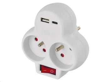 Zásuvka EMOS P0073 rozbočovací 2×, vyp., 1×USB-A+1×USB-C, bílá